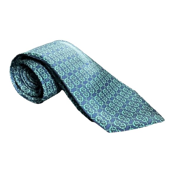 Hermès Paris Silk Tie Navy Teal Horseshoe Polo Mallet Equestrian Pattern EUC - Picture 1 of 10